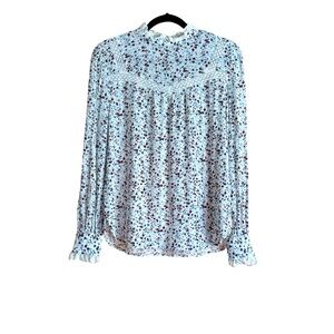 LOFT~ Floral Lace‎ Button Collar High Neck Prarie Top Size Small